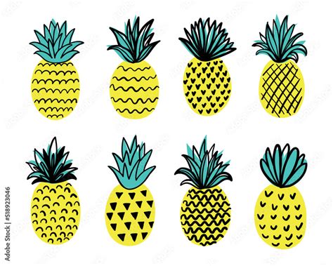 Tropical Set With Doodle Yellow Pineapples Hand Drawn Pineapples