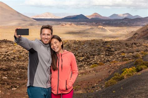 Selfie Couple Tourists Taking Self Photo Picture With Mobile Phone On