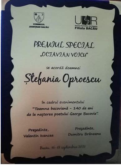 Scriitoarea vrânceană Ștefania Oproescu premiu special la evenimentul