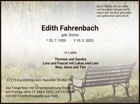 Traueranzeigen Von Edith Fahrenbach Trauer Hna De