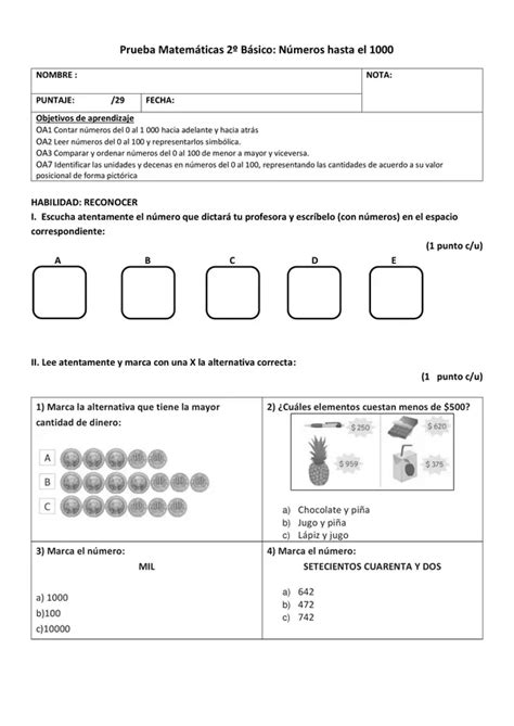 Prueba Matemáticas Números hasta el 1000 profe social