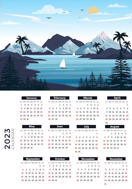 Premium Vector | 2023 calendar with landscape with mountains and a ...