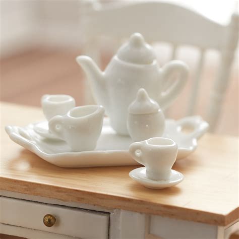 Dollhouse Miniature White Porcelain Tea Set Dining Room Miniatures