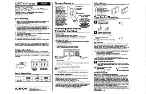 Lutron Electronics Dimmer With Rf Receiver User Manual Manual