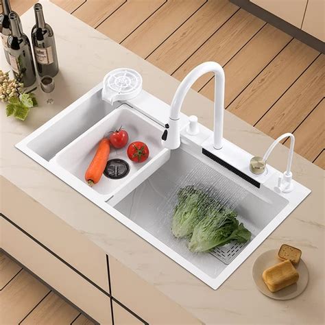 NuoJing Waterfall Sink White Single Trough Button Digital Display 304