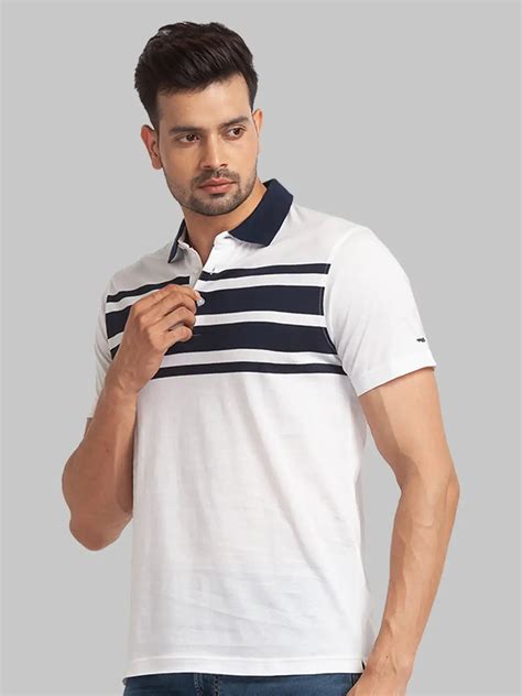 Men White Slim Fit Stripe Cotton Round Neck Collar Polo T Shirt Myraymond