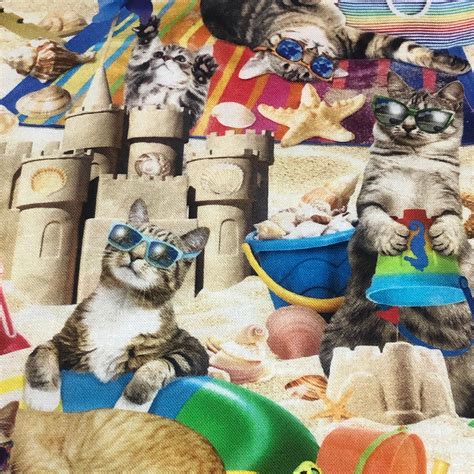 Cat Lady Collection Cats Chilling On Beach Digital Cotton Fabric