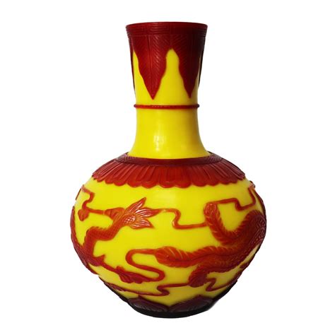 Vintage Chinese Yellow Peking Vase Red Phoenix Overlay Baum Galleries