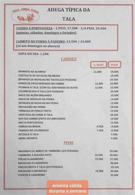 Menu em Adega Típica da Tala restaurante Sintra