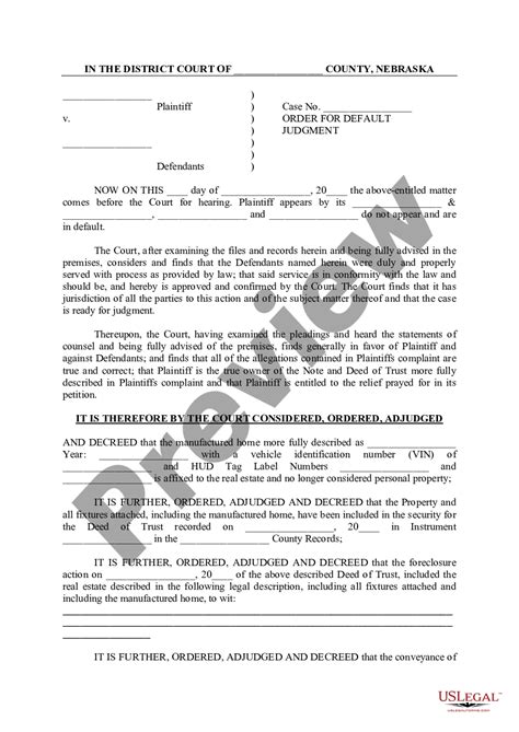 Nebraska Order For Default Judgment Us Legal Forms