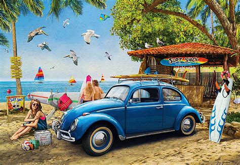 VW Beetle Surf Shack Beach Car Sea Artwork Painting Trees HD