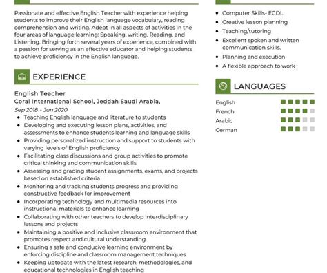 English Teacher Cv Sample In 2025 Resumekraft