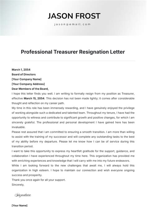 Free Professional Treasurer Resignation Letter Template Edit Online And Download