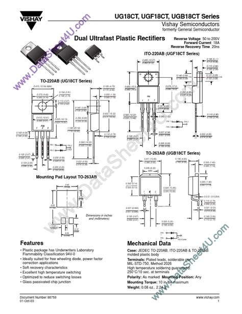 UG18ACT Datasheet Dual Ultrafast Plastic Rectifiers