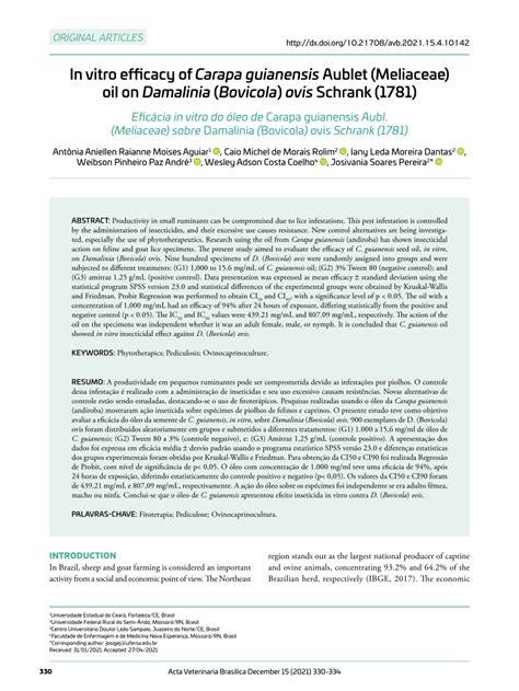 PDF In Vitro Efficacy Of Carapa Guianensis Aublet Meliaceae Oil On