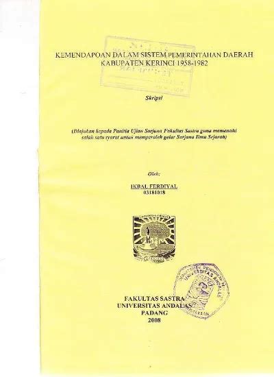 Kemendapoan Dalam Sistem Pemerintahan Daerah Kabupaten Kerinci 1958 1982