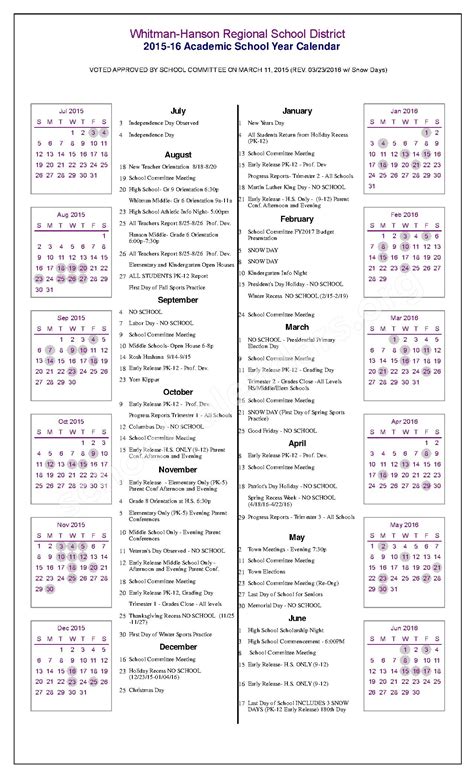 Whitman-Hanson Regional School District Calendars – Whitman, MA