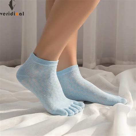 VERIDICAL 5 Pairs Lot Cotton Solid 5 Finger Socks For Woman Hollow Out