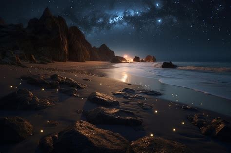 Premium Photo In The Night Sky Stars Shine On Silky Beach Moon