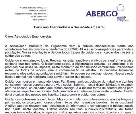 Carta Aos Associados E à Sociedade Em Geral Abergo Ergonomia Da