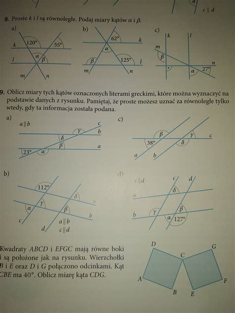 Oblicz miary kątów oznaczonych literami greckimi Zad 8 i 9 str 93