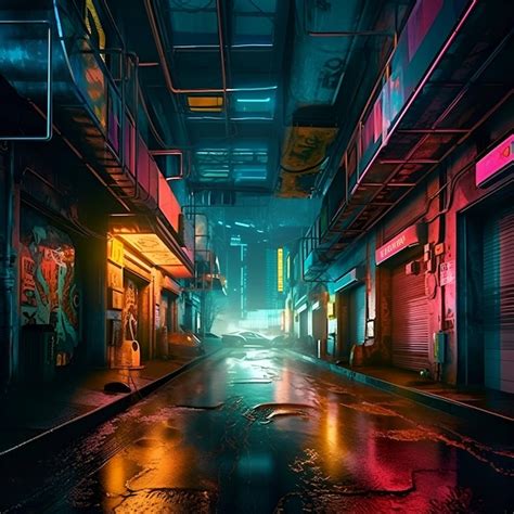 Premium Ai Image Futuristic Night City Street With Neon Lights D