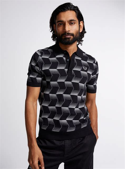 Fred Perry Mens Black Logo Embroidered Chevron Stripe Cotton Knit Polo