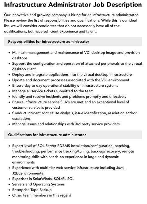 Infrastructure Administrator Job Description Velvet Jobs