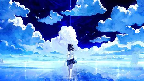 1048834 Illustration Long Hair Anime Anime Girls Brunette Reflection Sky Clouds Blue