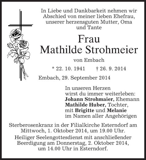 Traueranzeigen Von Mathilde Strohmeier Trauer Merkur De