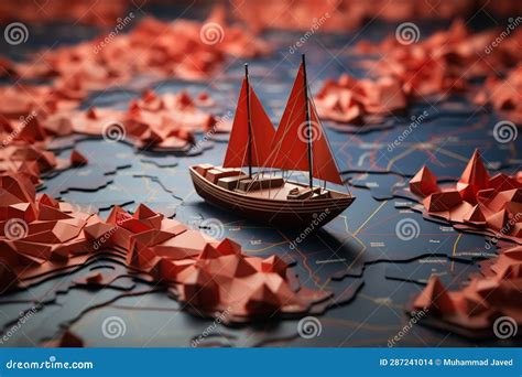 Course For Victory Red Boat Guides Paper Boats On World Map Embodying