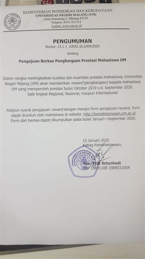 Pengumuman Pengajuan Berkas Prestasi Direktorat Kemahasiswaan Dan