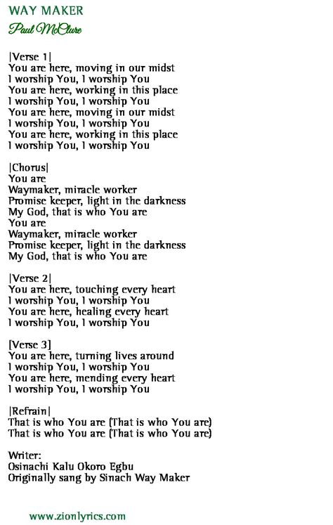 Way Maker Lyrics - Paul McClure - Zion Lyrics