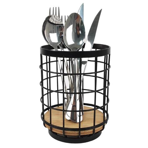 Kitchen Storage Organizer Metal Cutlery Caddy Drying Rack Black Bamboo