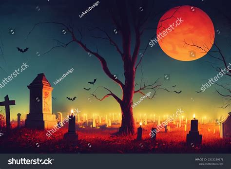 Seasonal Background Skull Candles Creepy Cemetery Stock Illustration