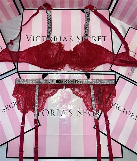 Victorias Secret Very Sexy Shine Strap Bra Garter Belt And Thong 38dd Ml Red Ebay