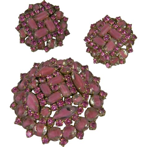 Vintage Pink Givre Rhinestone Brooch And Earrings Set Vintage Pink