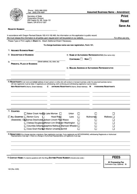 Fillable Form 102 Assumed Business Name Amendment Printable Pdf Download