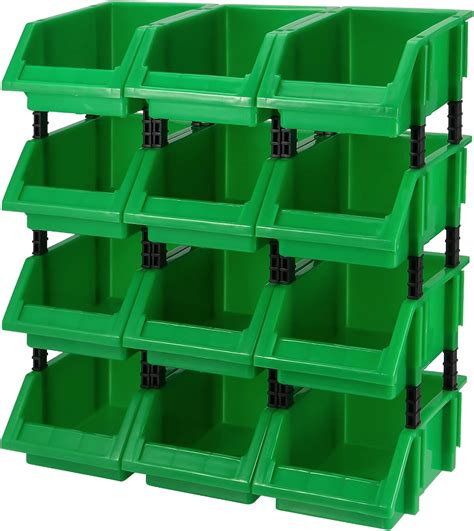 HOIGON 12 Pack Garage Storage Tool Bin Green Plastic Hanging Stacking