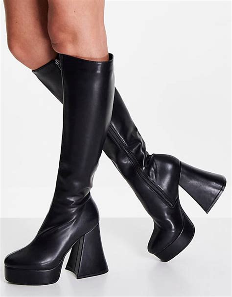 Lamoda Flared Heel Knee High Boots In Black Asos