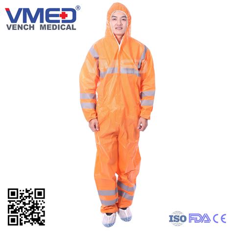 Disposable Type 5 6 Orange SMS Coverall With Gray Adhesive Strip