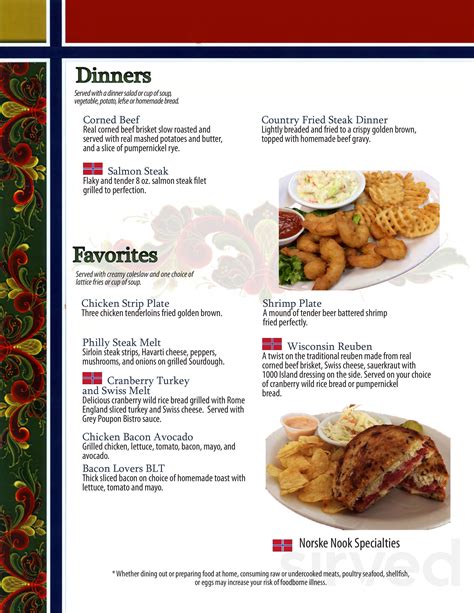 Norske Nook menu in Rice Lake, Wisconsin, USA