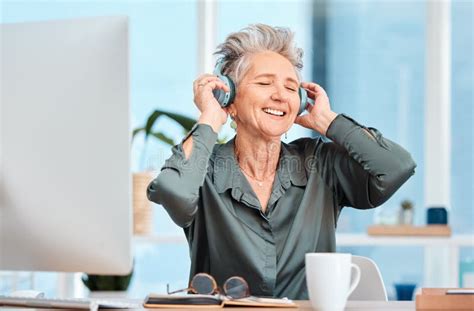 Office Music Relax And Business Woman With Audio Headphones Podcast