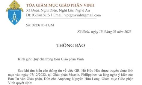 Tòa Giám Mục Giáo Phận Vinh Thông Báo Gửi Các Linh Mục Trong Giáo Phận