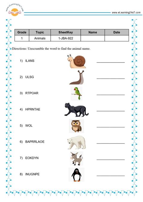 Animal Names Jumble Words Worksheet For Grade 1 1st Grade Worksheets