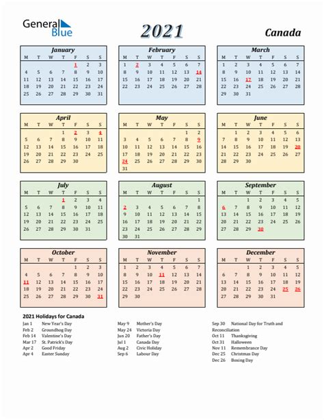 2021 Canada Calendar With Holidays