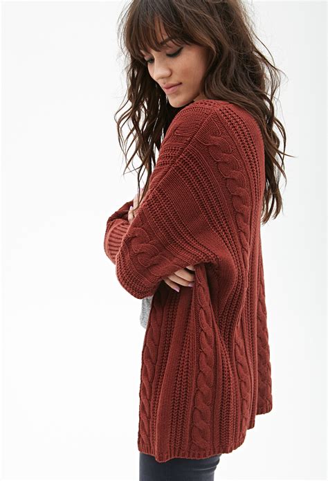 Lyst Forever Cable Knit Batwing Cardigan In Brown