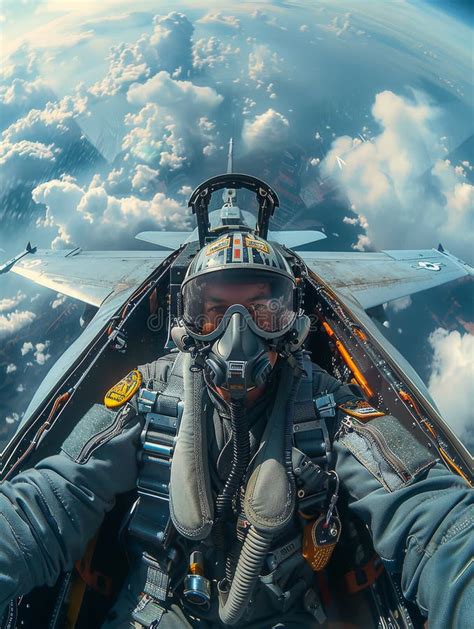 Military Pilot in Cockpit. Fighter Jet Flies High in the Sky with Clouds on Background Stock ...