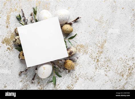 Beautiful Easter Composition With Blank Card Eggs Pussy Willow Branches And Eucalyptus On