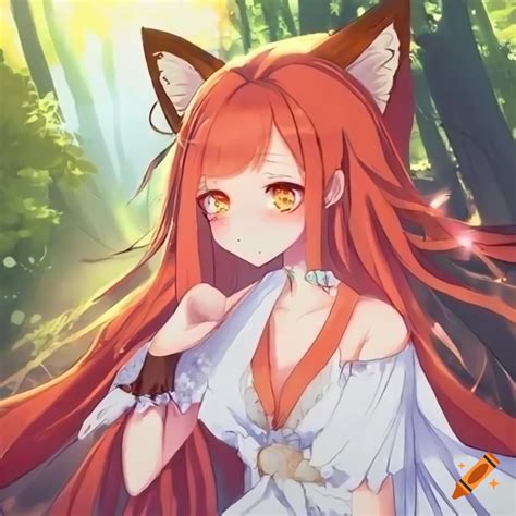 Anime Fox Girl Red Hair Ancient Forest White Dress Sparkling Eyes